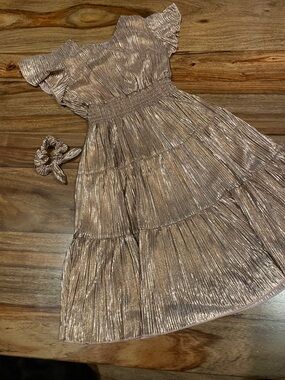 Sparkling Rose Gold Pleated Tiered Girls Dress with Matching Scrunchie
